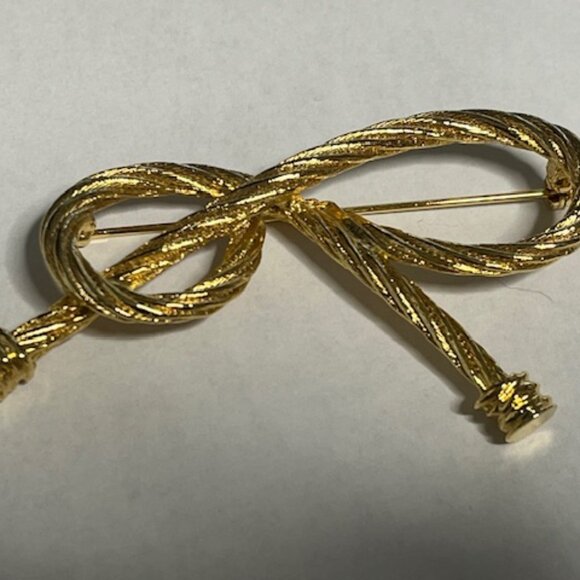 VTG Gold Tone Twisted Rope Bow Pin/Brooch Classic Style 3" Long - Picture 2 of 9